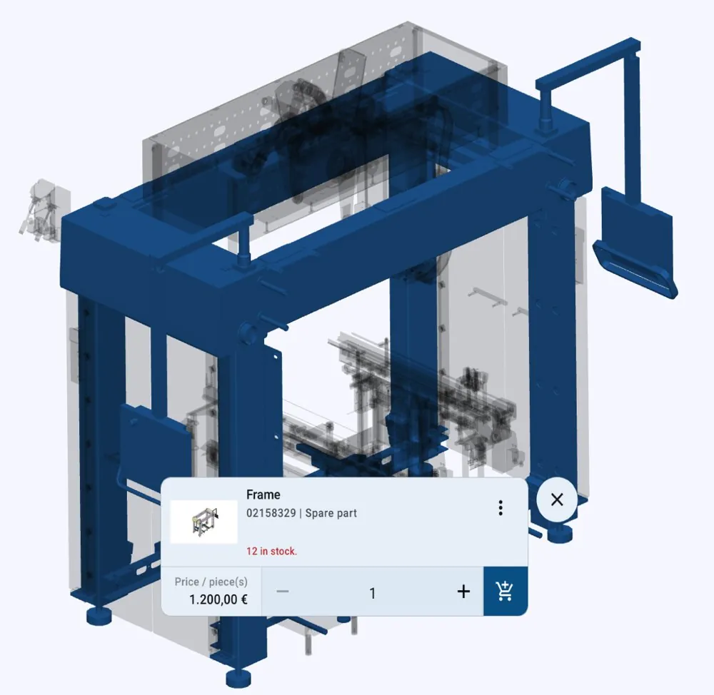 3D-Modell mit dem gewählten Teil «Frame»: Teilenummer, 12 auf Lager, Preis 1.200,00 €, Knopf für den Warenkorb