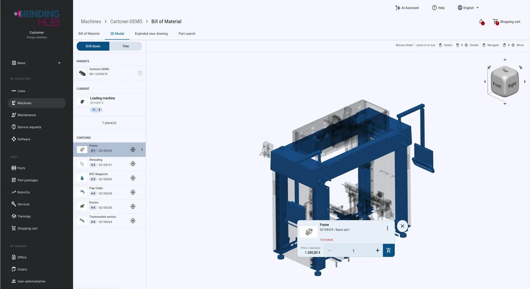 Stückliste einer Maschine neben ihrem 3D-Modell; das gewählte Teil ist im Modell markiert